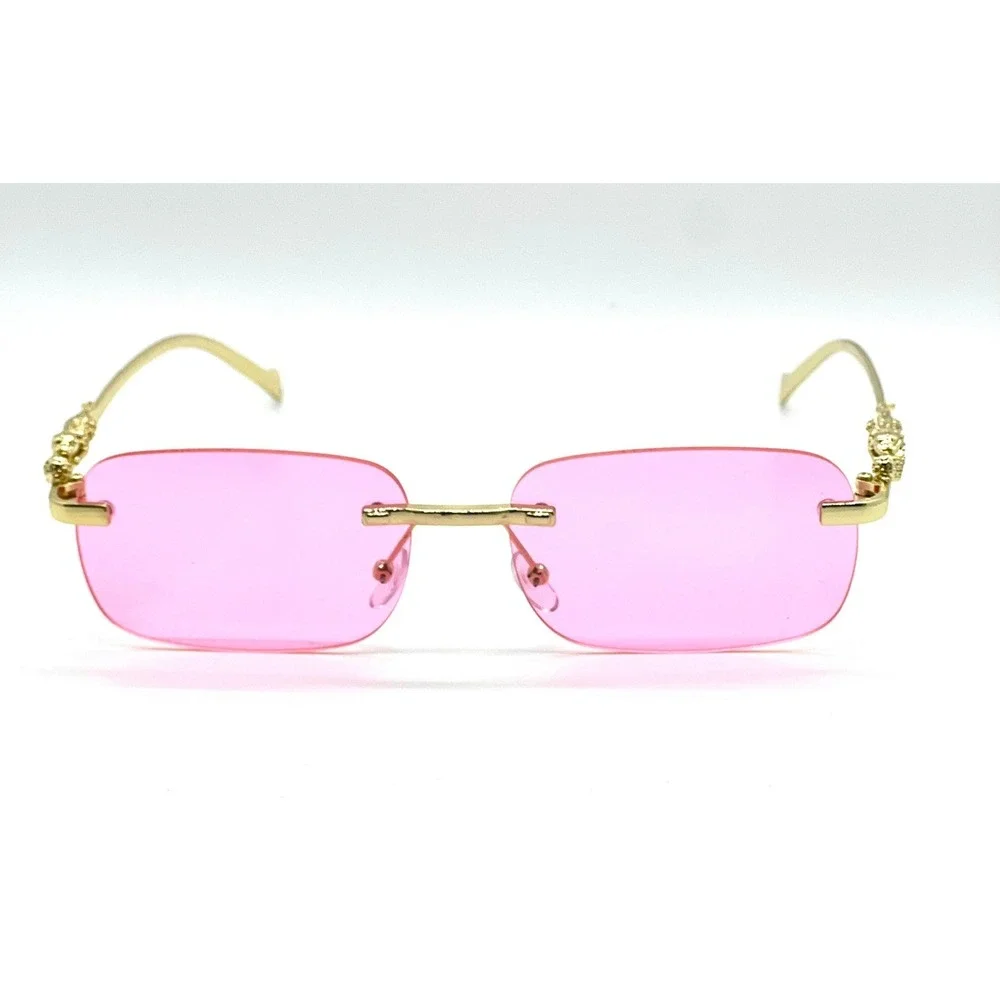 Rimless‎ Sunglasses Gold Leopard Accent Pink Lens Fashion Trendy Designer Women